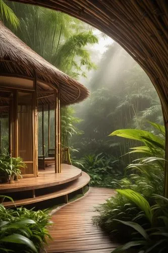 teahouse,tropical house,longhouse,bamboo forest,asian architecture,tropical forest,longhouses,house in the forest,japanese-style room,dojo,home landscape,world digital painting,bamboo curtain,philodendrons,seclude,wooden hut,seclusion,forest house,bamboo plants,kunplome,Conceptual Art,Oil color,Oil Color 03