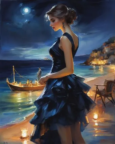 sea night,the sea maid,romantic night,nightdress,moonlit night,fantasy picture,Illustration,Paper based,Paper Based 11