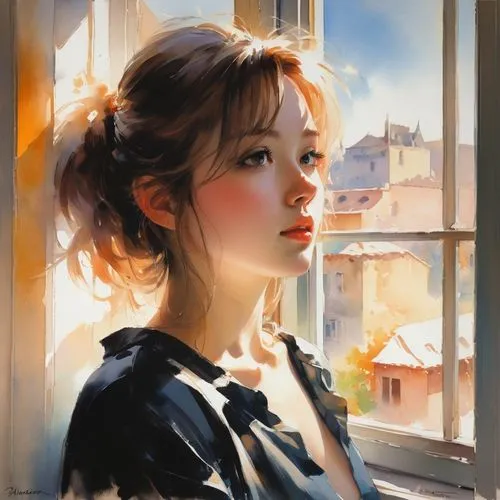 Generate an anime face with blushing cheeks and a shy, downward gaze.,a girl looking out the window of her home,girl portrait,romantic portrait,nestruev,jeanneney,donsky,portrait of a girl,Conceptual 