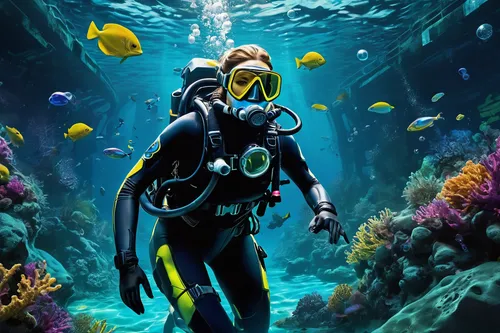 female diver, futuristic scuba gear, sleek design, underwater, exploring, submerged Aurora wreckage, alien ocean, bioluminescent flora, sea creatures, cautious approach, metal debris, entrance hatch, 