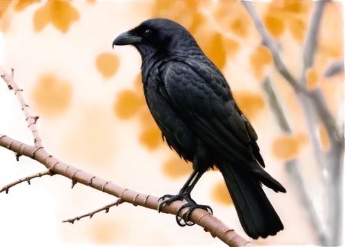 Crow perched on branch, black feathers, sharp beak, intelligent eyes, autumn leaves background, twig grasped by claws, morning sunlight, warm color tone, shallow depth of field, cinematic lighting, 3/