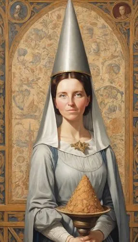 woman holding pie,conical hat,girl with bread-and-butter,asian conical hat,the hat of the woman,girl with cereal bowl,woman with ice-cream,joan of arc,salt cone,woman's hat,cone,the hat-female,pointed hat,safety cone,light cone,medieval hourglass,school cone,the prophet mary,grant wood,cones milk star,Digital Art,Comic