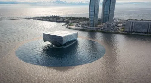 the building stands on the water. The building has holes in the base through and through,infinity swimming pool,cube sea,water cube,floating stage,soumaya museum,water wall,reflecting pool,cube surfac