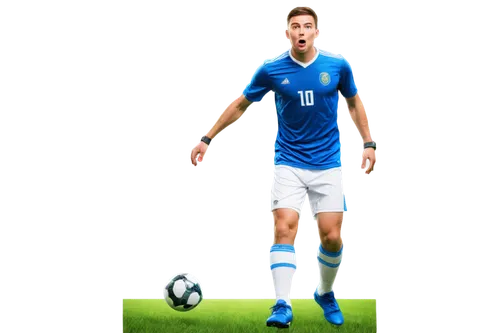 Stadium background, green grass, goalpost, soccer ball, free kick, male player, athletic build, short hair, determined facial expression, white jersey, blue shorts, shin guards, cleats, dynamic pose, 