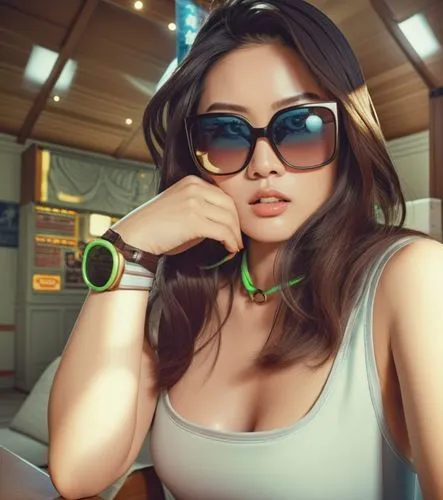 asian woman wearing shades,a woman with large black sunglasses posing for a po,shadman,lumidee,vidya,retro girl,retro woman,game illustration,Illustration,American Style,American Style 15