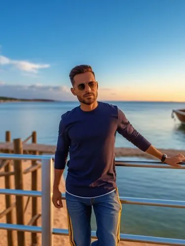 a man leaning on the side of a pier,beach background,dahab,walvisbay,djerba,tesfaye,kismayo,Photography,General,Realistic