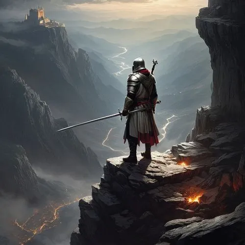 Templar king on the edge of the precipice, motivating his soldiers to fight. Below, his subjects should also be raising their swords in respect to their king.,heroic fantasy,lone warrior,fantasy pictu