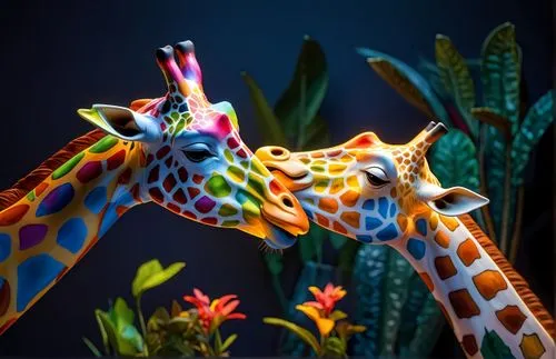 Giraffe made of natural rubber with bright giraffe skin color details,whimsical animals,giraffe plush toy,two giraffes,giraffes,giraffidae,giraffe,flower animal,tropical animals,anthropomorphized anim