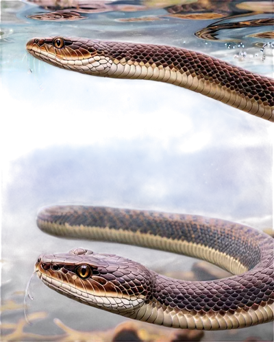 Northern water snake, aquatic reptile, coiled body, scaly skin, brown and gray patterns, forked tongue, beady eyes, swimming pose, underwater scene, soft ripples, natural light, 3/4 composition, shall