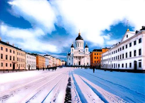 Helsinki cityscape, Finland, Nordic architecture, Senate Square, Helsinki Cathedral, Uspenski Orthodox Cathedral, white buildings, blue domes, narrow streets, cobblestone pavement, winter scene, snowf