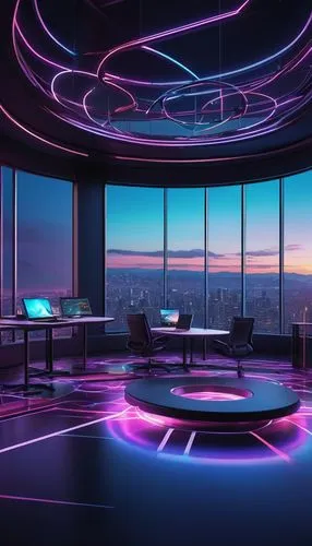 ufo interior,computer room,cyberscene,boardroom,futuristic landscape,3d background,blur office background,desk,aesthetic,modern office,sky apartment,sky space concept,conference room,purple wallpaper,meeting room,luxe,spaceship interior,tv set,horizon,cyberview,Illustration,Realistic Fantasy,Realistic Fantasy 45