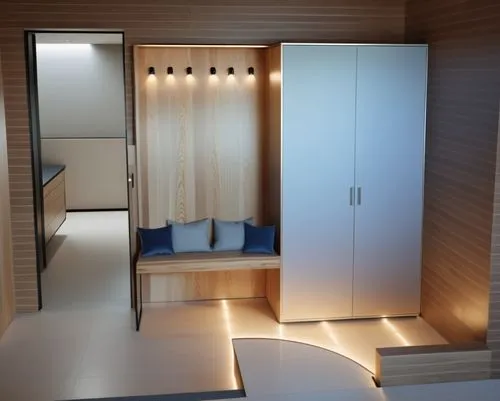 a bedroom with several wooden furniture and drawers,saunas,japanese-style room,modern minimalist bathroom,luxury bathroom,walk-in closet,modern room,Photography,General,Realistic