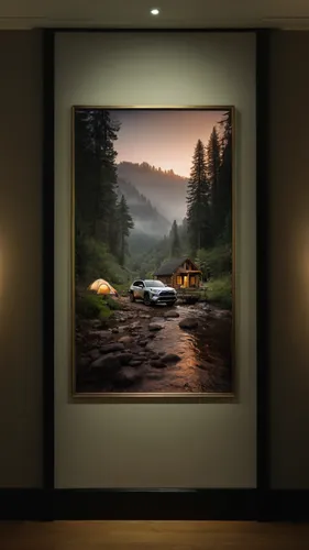 landscape background,house in mountains,the cabin in the mountains,home landscape,travel trailer poster,house in the mountains,3d rendering,mountain scene,visual effect lighting,fishing tent,salt meadow landscape,boat landscape,wall decor,art gallery,digital compositing,modern decor,frame mockup,river landscape,boat trailer,photo painting