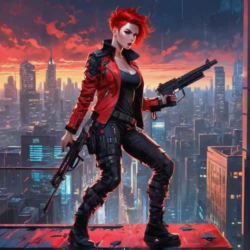 Red-haired, young Sevro, energetic pose, detailed facial features, sharp jawline, bright red eyes, bold eyebrows, short spiky hair, red jacket, black pants, combat boots, holding a futuristic rifle, s