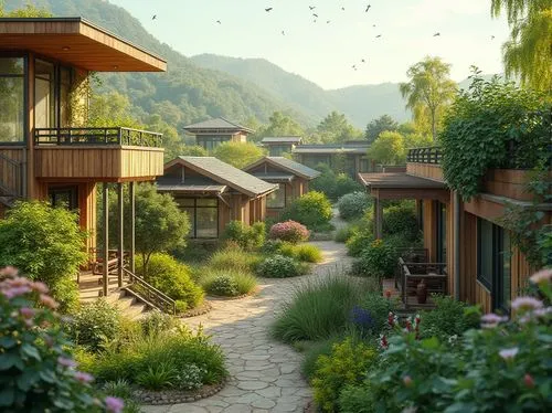 ecovillages,ecovillage,aurora village,escher village,idyllic,sake gardens,alpine village,boardinghouses,bungalows,rosengarten,bee farm,ecoterra,japan garden,knight village,ecotopia,bogart village,villas,terrace,mountain settlement,orinda,Photography,General,Realistic