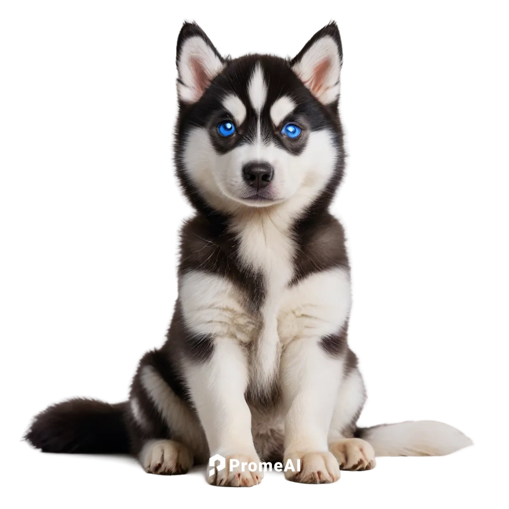 Husky, white and black fur, sitting, cute facial expression, blue eyes, floppy ears, fluffy tail, paws together, soft fur texture, natural pose, 3/4 composition, warm lighting, cinematic angle, shallo