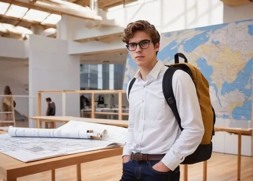 Young architecture student, male, early 20s, messy brown hair, black-rimmed glasses, casual attire, jeans, white shirt, backpack, holding a rolled-up blueprint, standing in front of a large, modern ar