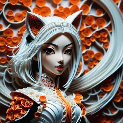 quilling, layered paper, anime, studio ghibli style, badass 3d illustration, Comics Art/extremely-ultra-detailed line-art. The artwork features cyberpunk geisha wearing white orange long leather coat,