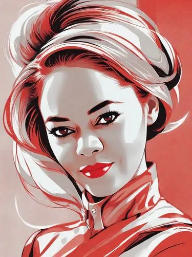 A striking minimalist pop art illustration of a confident woman. The image relies on bold lines and a limited color palette, primarily featuring red, white, and black. The woman's hair flows in a mode