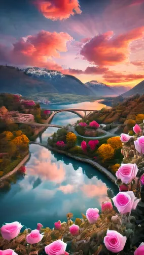 Pink roses, lush rose garden, tranquil natural setting, lake in the distance, peaceful atmosphere, beautiful scenery, golden sunset, light from the right, soft lighting, dramatic sky, heart shaped clo