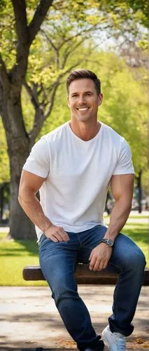 Jeff Soper, masculine man, 35yo, strong jawline, short brown hair, brown eyes, gentle smile, casual wear, white shirt, dark blue jeans, sneakers, standing, relaxed pose, park bench, sunny day, green g