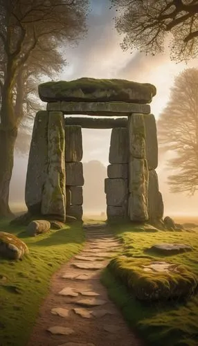 Ancient mysterious stone structure, Stonehenge portal, mystical aura, intricate carvings, worn rough stones, moss-covered, ancient trees surrounding, foggy atmosphere, misty morning, warm golden light