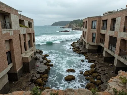 Rugged coastal landscape, crashing ocean waves, salty sea air, weathered stone walls, rustic brick facades, textured concrete foundations, reinforced steel frames, corrosion-resistant materials, wave-