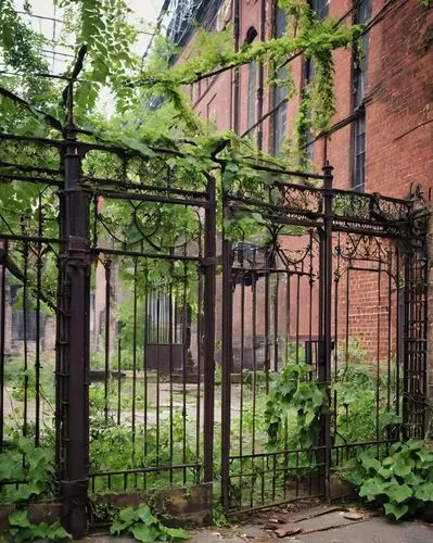 Abandoned, decaying building, New York City, Manhattan, Brooklyn Bridge view, old, worn-out, rusty gates, broken windows, crumbling bricks, ivy-covered walls, neglected gardens, overgrown with weeds, 