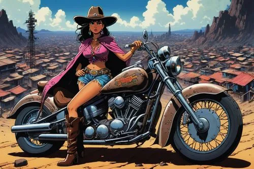 bulletgirl,kuenzer,moebius,palmiotti,chaykin,giraud,eldena,harleys,cowpunk,chicana,wonder woman city,highwayman,biker,motorcyle,motorcycle,harley davidson,motorbike,bisley,brakewoman,brubaker,Illustration,Japanese style,Japanese Style 14