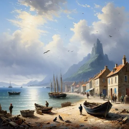 aivazovsky,fishing village,coastal landscape,harbor,kastellorizo,sea landscape,Conceptual Art,Oil color,Oil Color 06