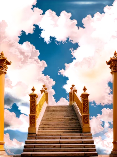 Heavenly scenery, fluffy white clouds, golden gates, stairs ascending to sky, angels flying, gentle soft light, pastel colors, 3/4 composition, shallow depth of field, warm color tone, cinematic light