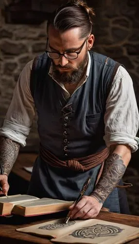 Celtic knot master, male, 35yo, short beard, ponytail, glasses, worn apron, leather-bound book, quill pen, parchment paper, wooden desk, dimly lit studio, stone walls, Celtic-inspired tattoos, intrica