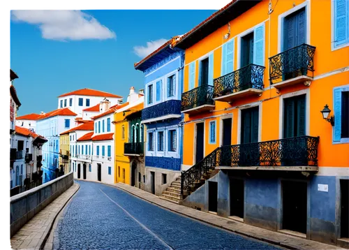 Traditional Portuguese architecture, colorful buildings, Azulejo tiles, ornate balconies, red rooftops, narrow cobblestone streets, Fado music instruments, old-fashioned street lamps, warm afternoon s