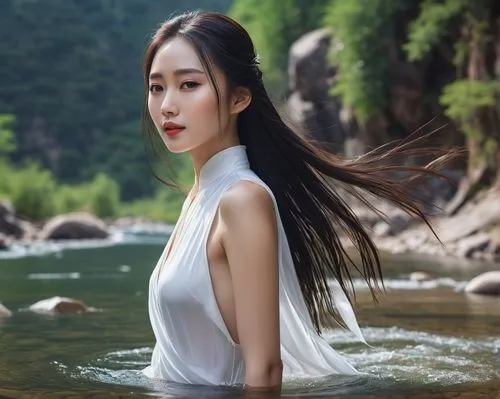 oriental longhair,asian semi-longhair,girl on the river,junshan yinzhen,songpyeon,water nymph,cheonjiyeon falls,uji,jeju cheonjiyeon waterfall,phuquy,miss vietnam,fluttering hair,mt seolark,stream,korean,mermaid background,hong,landscape background,xuan lian,flowing water,Conceptual Art,Fantasy,Fantasy 03