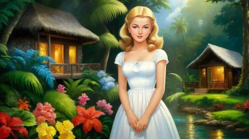 Romantic masterpiece oil painting, beautiful girl portrait, nostalgic 1950's style kitsch, vibrant rainforest bungalow landscape, lush tropical jungle paradise, summer beach scenery, by Thomas Kinkade