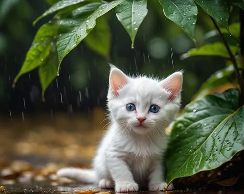 rain cats and dogs,in the rain,cute cat,walking in the rain,blue eyes cat,cat with blue eyes,stray kitten,kitten,ginger kitten,rainy day,white cat,japanese bobtail,rain shower,protection from rain,rain protection,rainy season,rainy,shelter cat,raincoat,rainwater drops,Photography,General,Cinematic