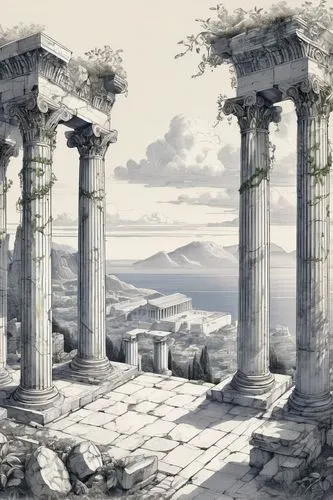 Ancient Greek, stylobate architecture, marble columns, ornate carvings, intricate sculptures, temple ruins, overgrown with vines, moss-covered stones, dramatic clouds, warm sunlight, Mediterranean lan