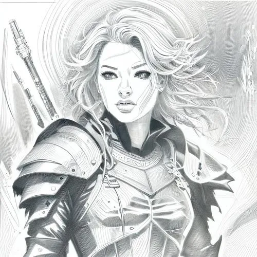 female warrior,joan of arc,archangel,paladin,sci fiction illustration,huntress,swordswoman,pencil drawing,fantasy portrait,pencils,pencil art,cg artwork,fantasy woman,illustrator,warrior woman,arrow line art,fantasy warrior,nova,ranger,fantasy art,Design Sketch,Design Sketch,Character Sketch