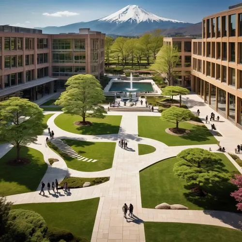 Lush green campus, modern university buildings, glass windows, wooden doors, stone pavement, vibrant flower beds, tall trees, sunny afternoon, soft shadows, distant mountain range, gentle breeze, stud