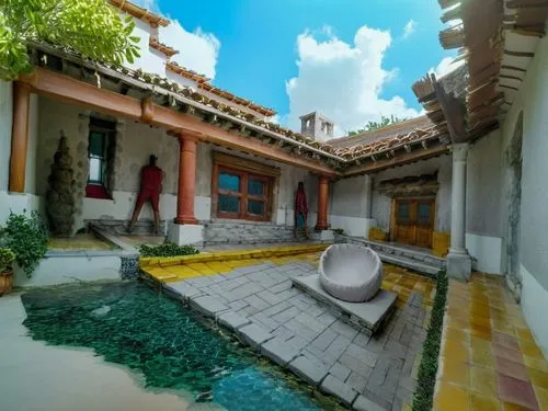 DISEÑO DE UNA CASA ESTILO MEXICANO MODERNO, CON UN CLAUSTRO CONFORMADO POR UNA TERRAZA  A BASE DE VIGAS DE MADERA, TEJA, COLUMNAS REDONDAS, EN EL CENTRO UN ESPEJO DE AGUA, CON EL ESTILO DE LA ARQUITEC