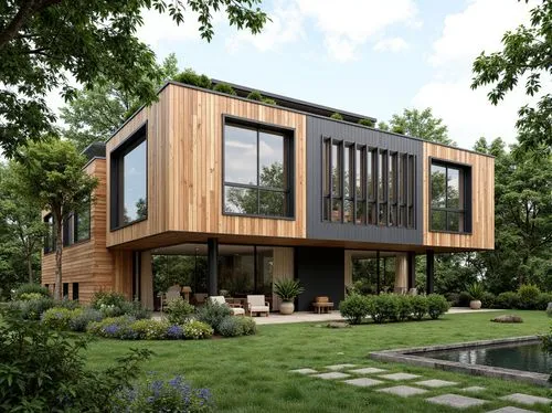 timber house,modern house,wooden house,passivhaus,3d rendering,limewood,wooden decking,inverted cottage,winkworth,mid century house,forest house,smart house,landscape design sydney,prefab,shiplake,garden elevation,cubic house,danish house,summer house,corten steel