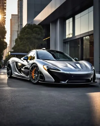 McLaren P1, supercar, front view, sleek design, silver metallic paint, glossy finish, sharp headlights, aggressive bumper, sporty wheels, low stance, urban setting, cityscape, morning light, shallow d