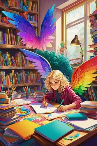 color feathers,rainbow butterflies,tutor,griffon bruxellois,rainbow pencil background,kids illustration,fallen colorful,reading,colorful birds,fairy peacock,magic book,feather pen,reading owl,parrot feathers,writing-book,librarian,sci fiction illustration,study room,colourful pencils,cg artwork,Conceptual Art,Daily,Daily 26