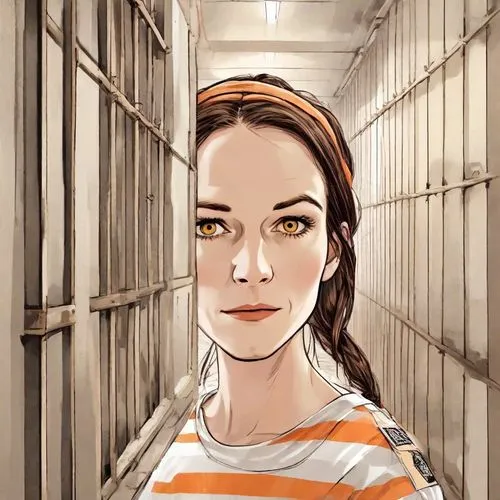 prisoner,prison,chainlink,arbitrary confinement,criminal,vector illustration,detention,digital illustration,david bates,lori,portrait background,vector art,sci fiction illustration,queen cage,game illustration,the girl's face,digital painting,nora,locker,captivity,Digital Art,Sticker