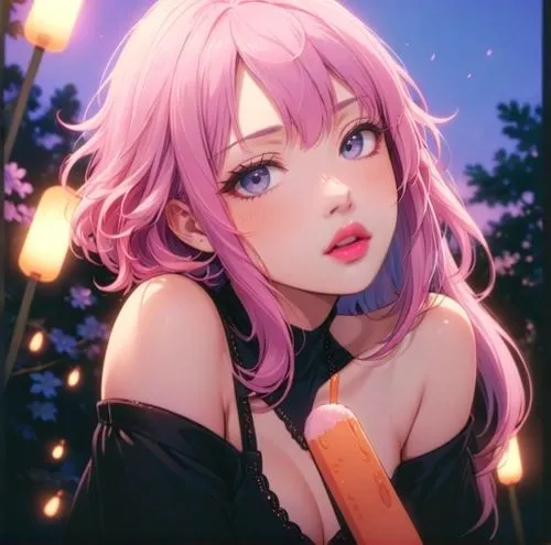 pink pouty lips, simple anime style rendering,the anime girl with pink hair has blue eyes,pink hair girl,goth,goth girl,popsicle,pretty girl,night scene