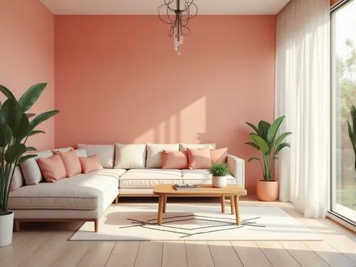 Minimalist living room, coral accent wall, pastel colored furniture, simple lines, low-profile sofa, wooden coffee table, geometric patterned rug, potted succulents, floor-to-ceiling windows, natural 