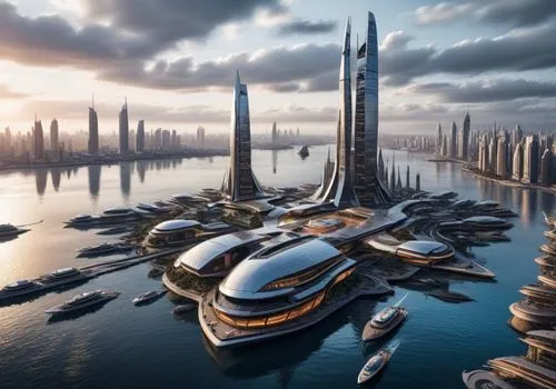 the futuristic skyscr city is located on top of an island,futuristic architecture,futuristic landscape,arcology,futuristic art museum,coruscant,megacorporations,futuristic,megacorporation,cardassia,ar