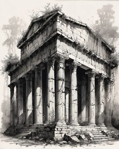 roman temple,temple of diana,greek temple,panagora,paestum,artemis temple,the parthenon,messene,metapontum,herakleion,acropolis,parthenon,temple of hercules,erechtheus,erechtheion,capitolium,piranesi,walhalla,theodosiopolis,colonnaded,Illustration,Black and White,Black and White 34