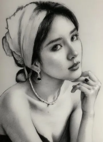 黑色头发，耳环，项链，珠宝，宝石戒指,a woman is wearing a bonnet and is leaning against a wall,charcoal pencil,charcoal drawing,pencil drawing,yasumasa,vintage female portrait,nurhaliza,vietnamese woman,yuna,sooyoung,m