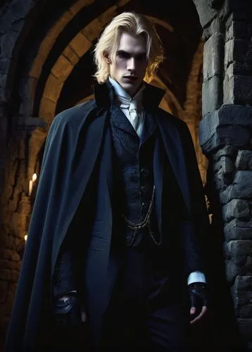 Blonde male vampire, pale skin, sharp fangs, piercing blue eyes, messy blonde hair, black eyeliner, dark eye circles, Victorian-style suit, white shirt, black tie, long coat, leather boots, cape flowi